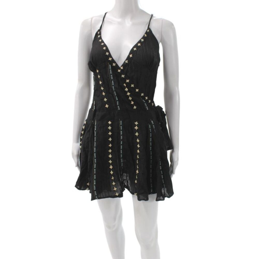 Somi Women Mini Dress Black V-Neck Sleeveless Cotton Argyle Zip Bohemian Size 2